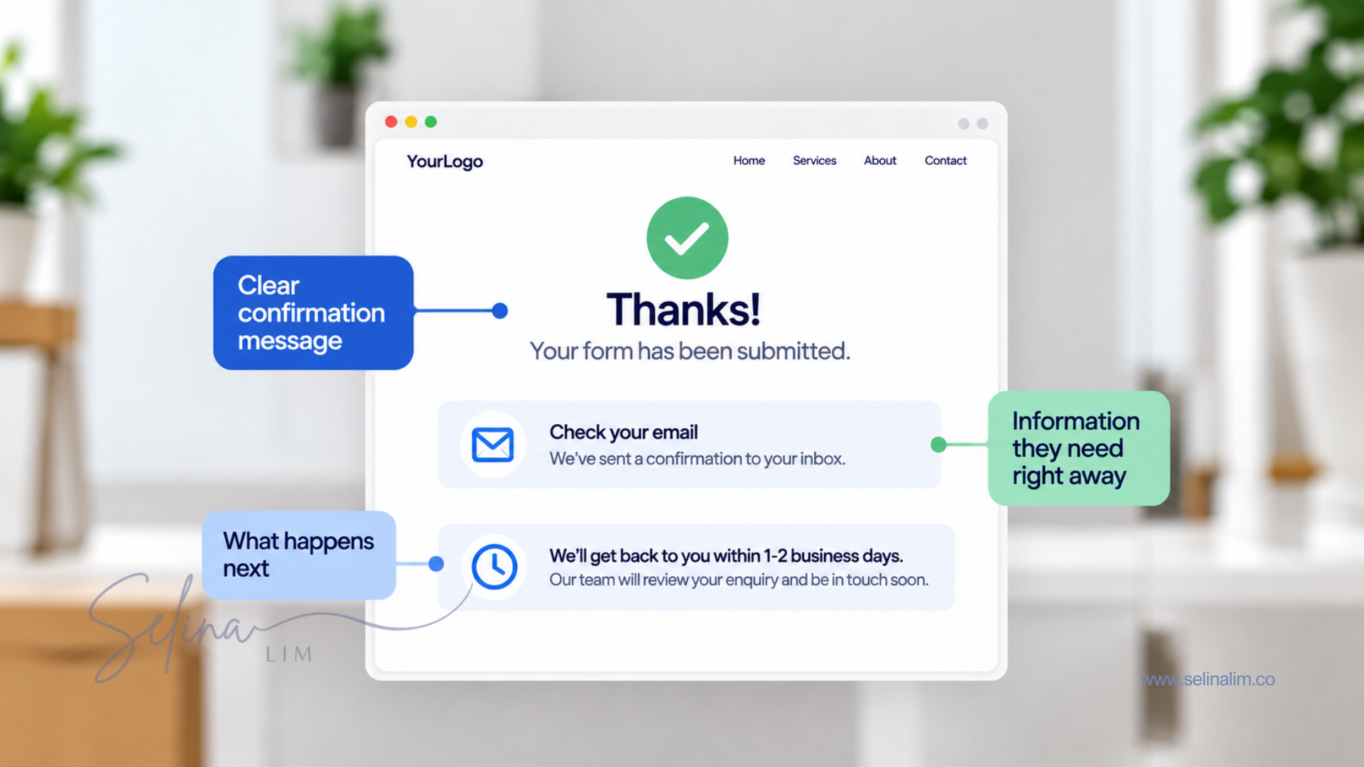 Thank you page design with confirmation message and next steps