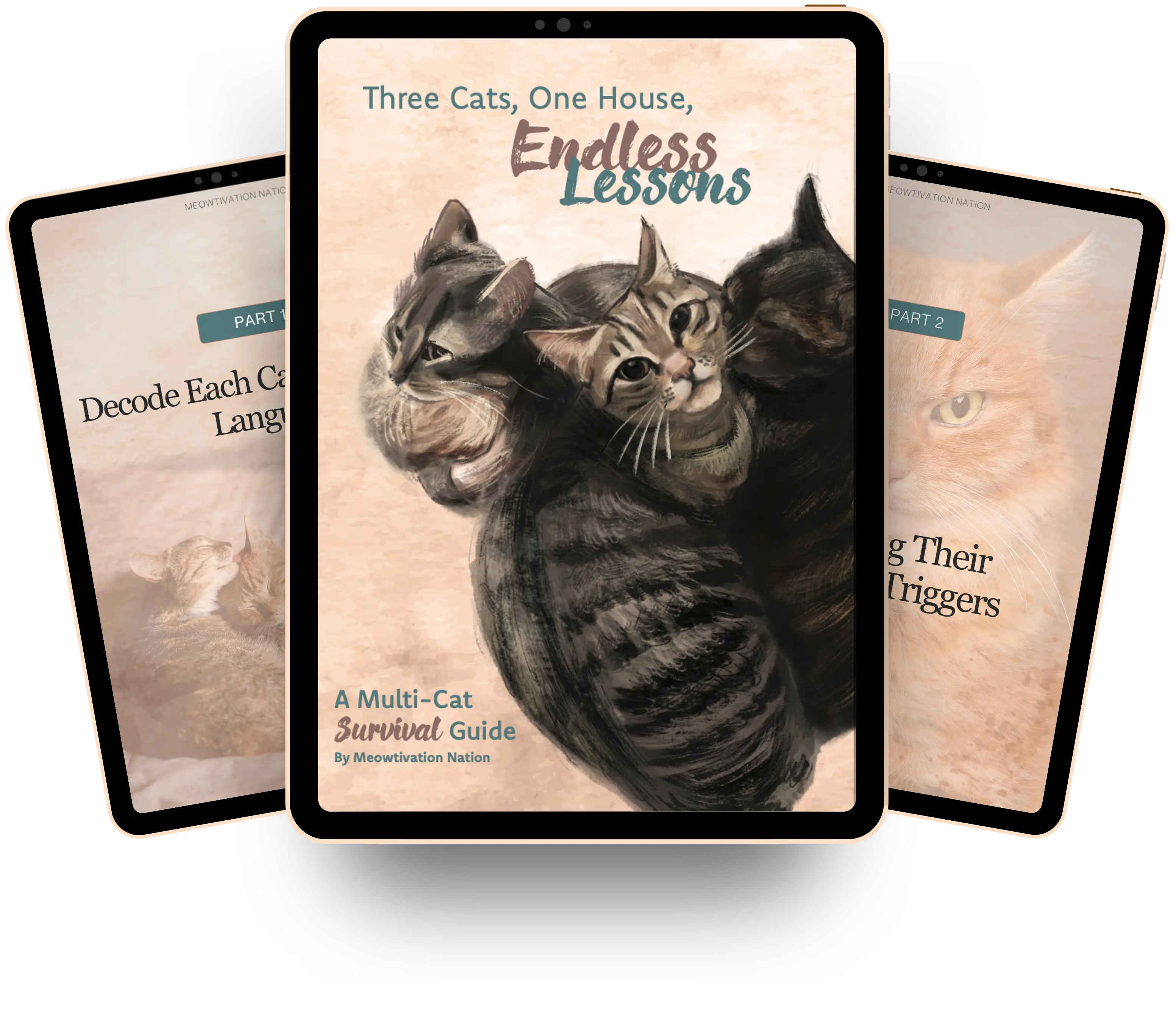Three tablet screens showing the book cover and Parts 1 & 2 of Three Cats, One House, Endless Lessons on understanding multi-cat households.