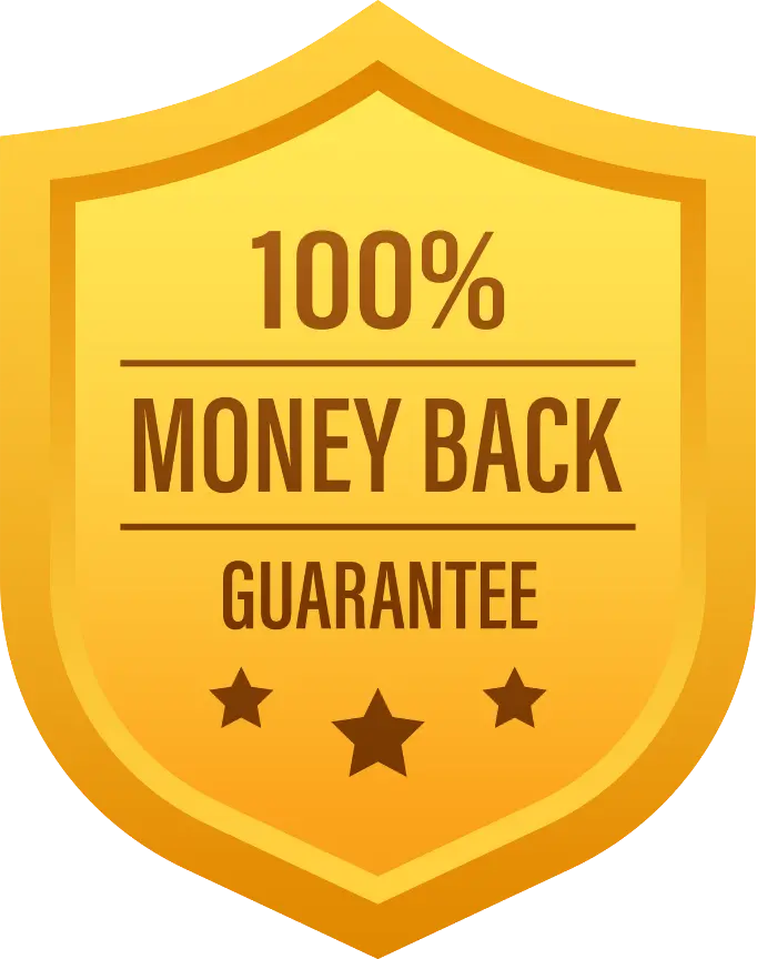 Badge reading ‘100% Money Back Guarantee’ indicating a risk-free purchase for the Three Cats, One Home book