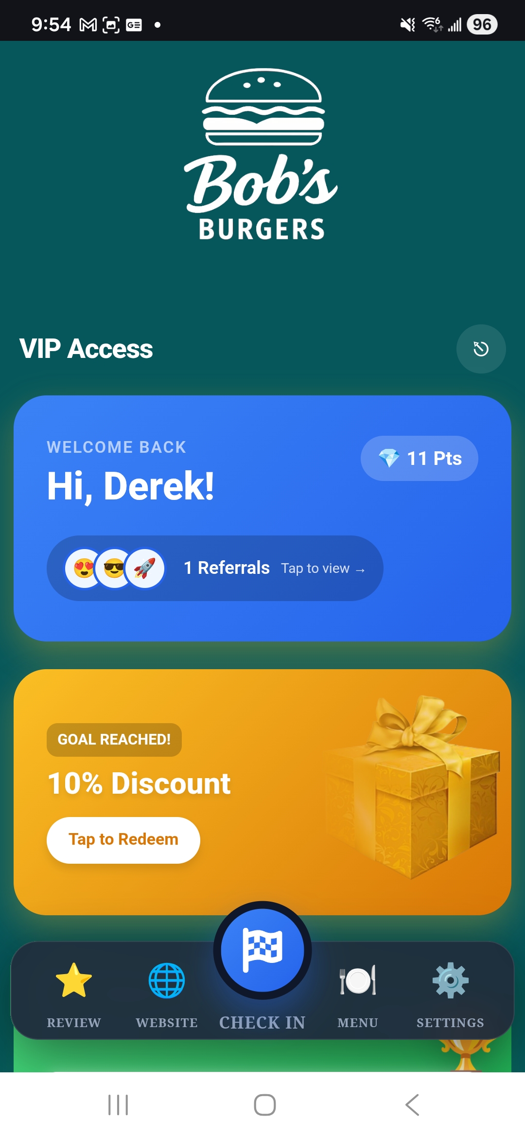 Flow Loyalty VIP dashboard on a customer's phone