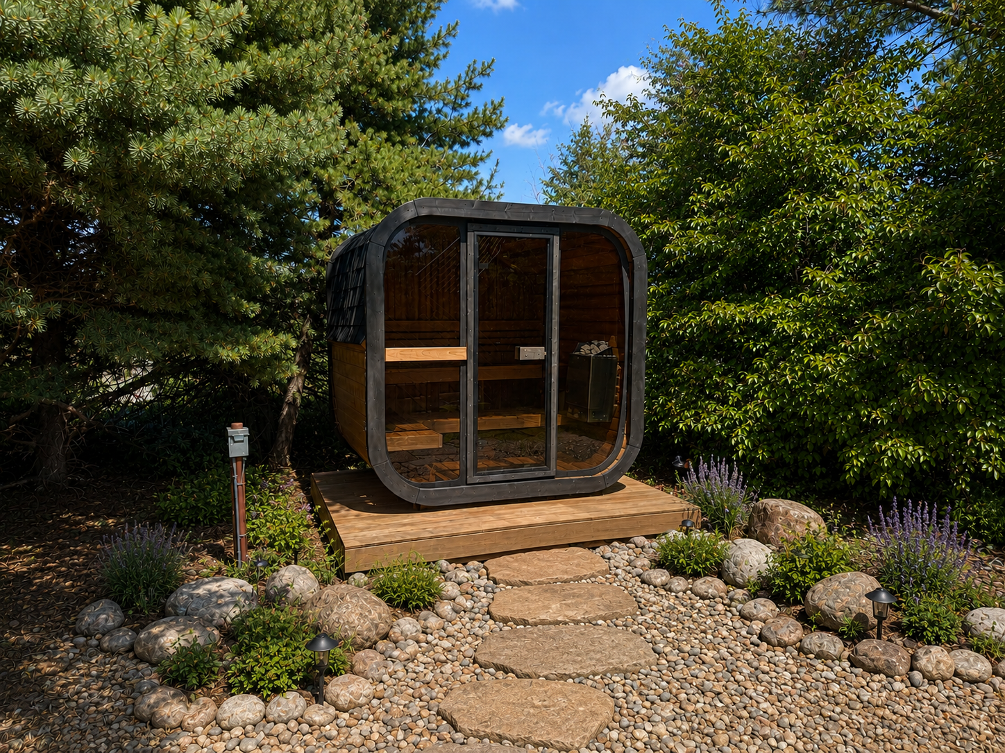 Cube sauna on a custom-built deck platform, Boulder