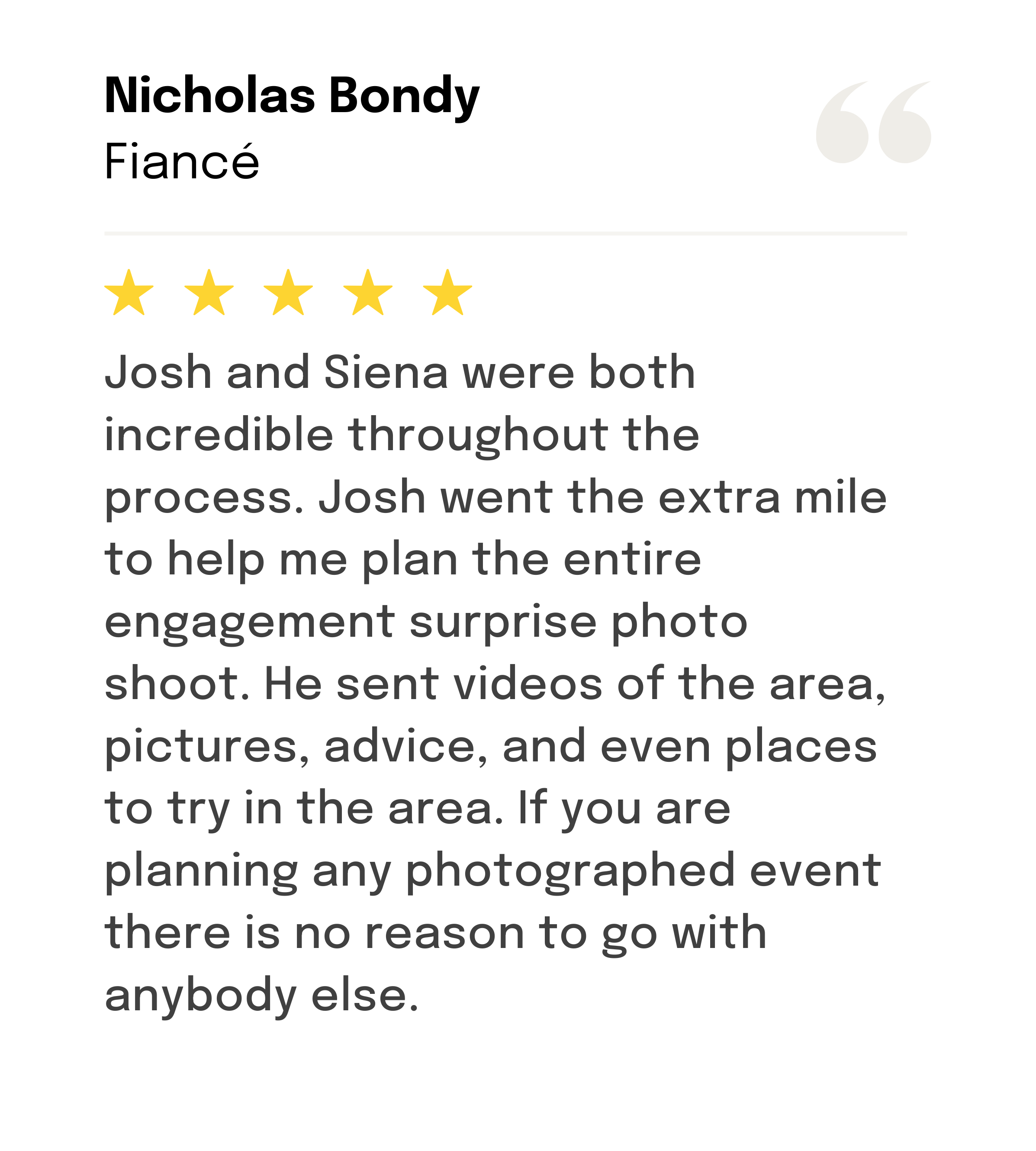 Nicholas writes a 5-star review to Wandr North for their proposal photography and videography services.