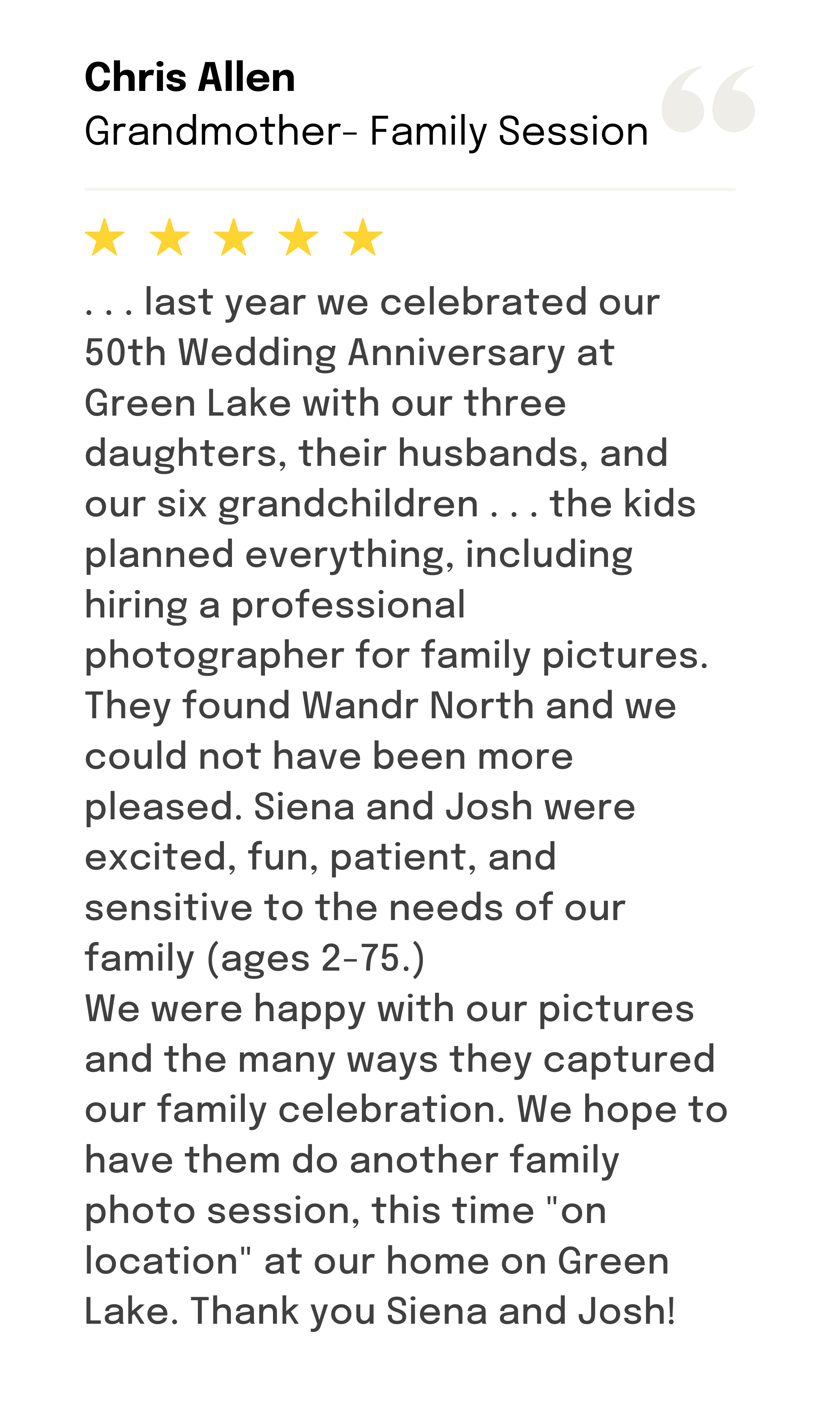 Chris writes a 5-star review to Wandr North for their family photography services.