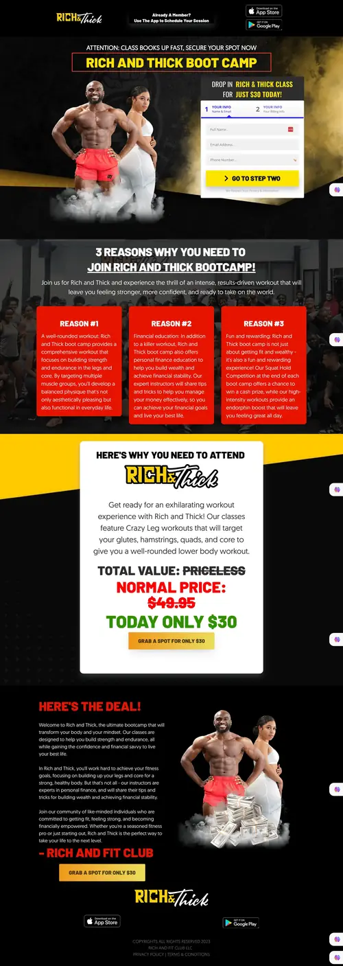 Rich and Thick boot camp landing page
