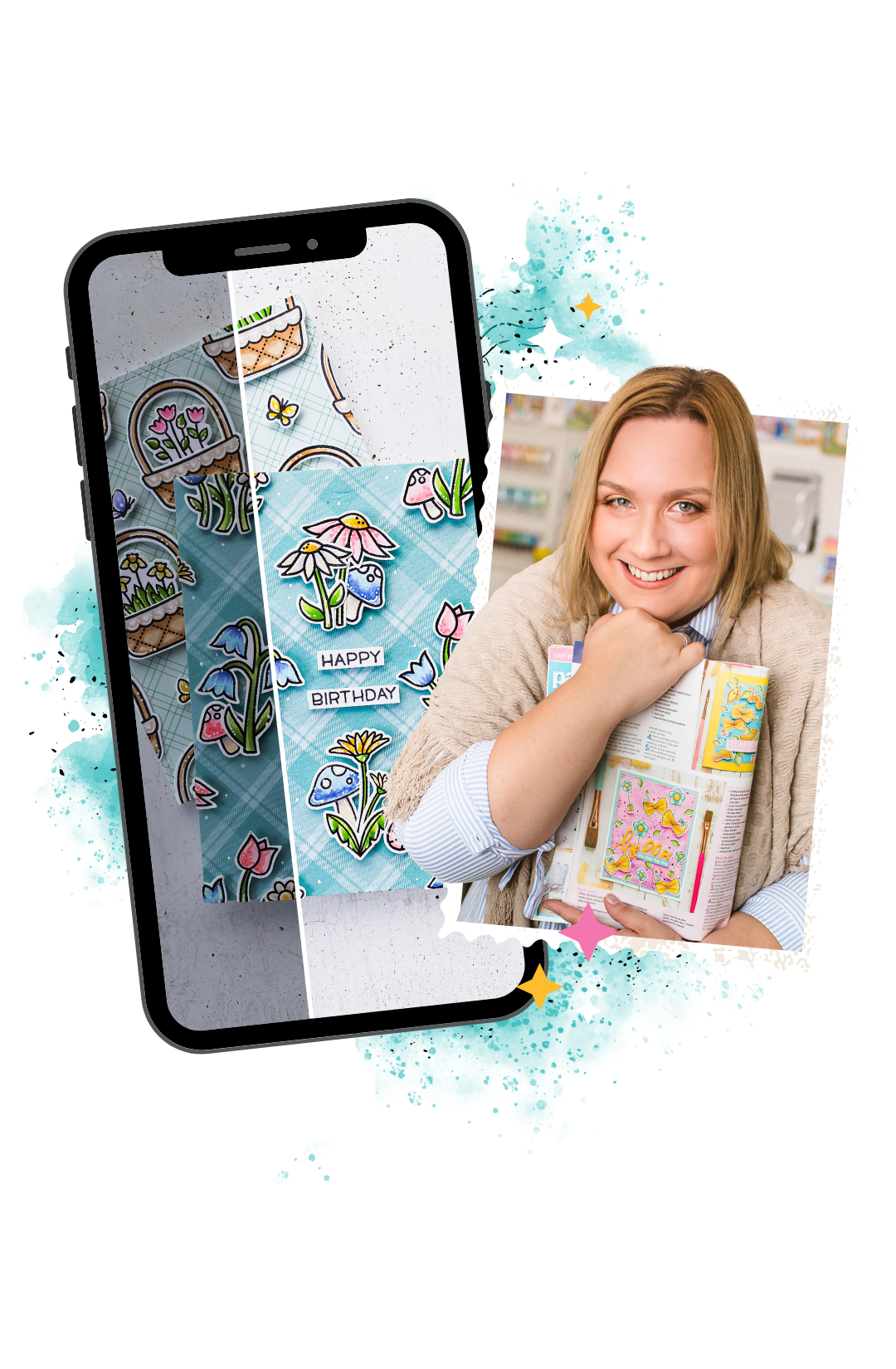 Mona Tóth smiling and holding handmade cards beside a phone showing bright before-and-after craft photo edit. Crafty Photo newsletter coming soon.