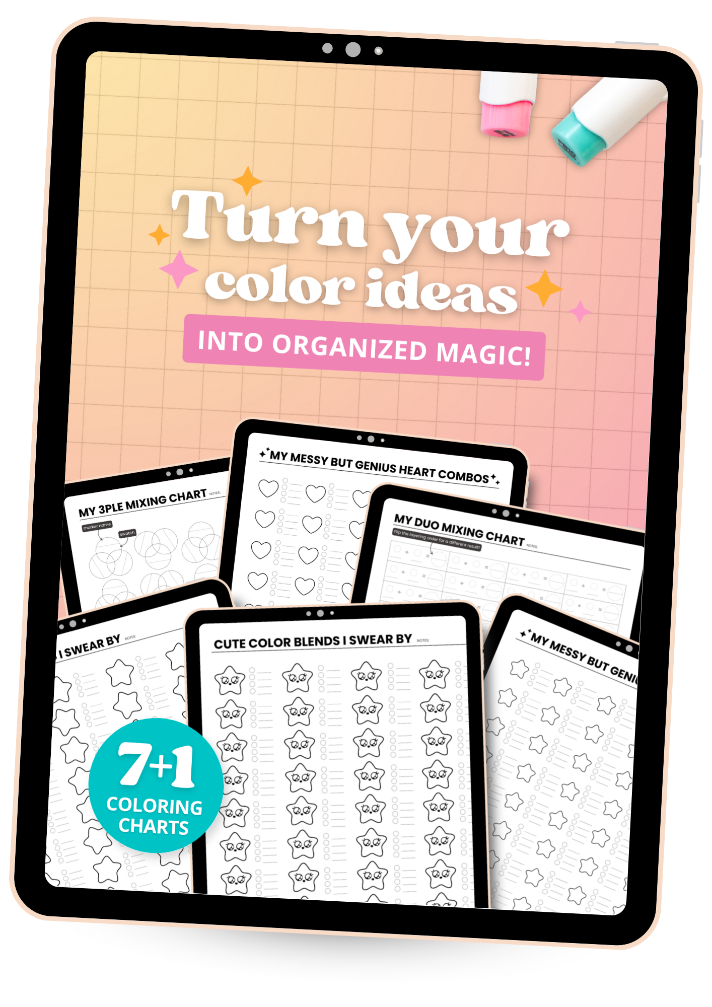 Tablet mockup showing colorful printable color mixing charts with the text turn your color ideas into organized magic for crafters