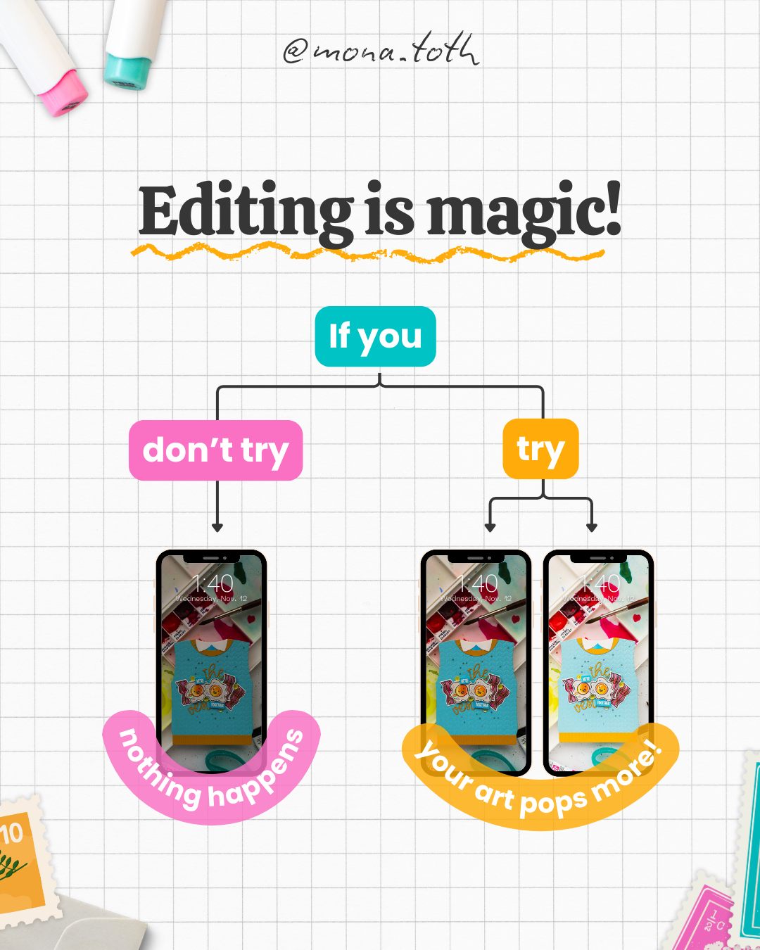 comparison graphic of unedited vs edited craft card photos