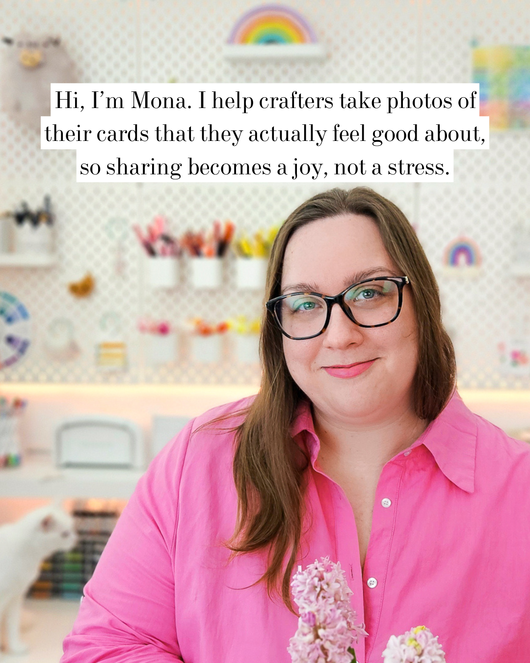 friendly cardmaking coach posing in a colorful workspace