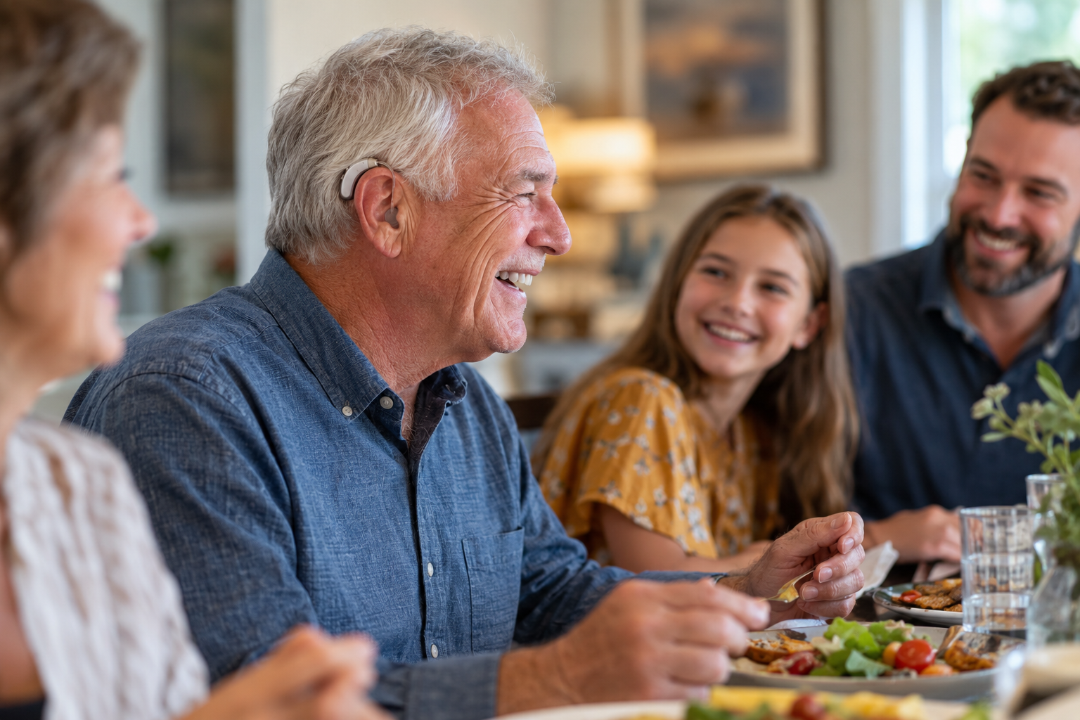 Older man with hearing aids at the dinner table