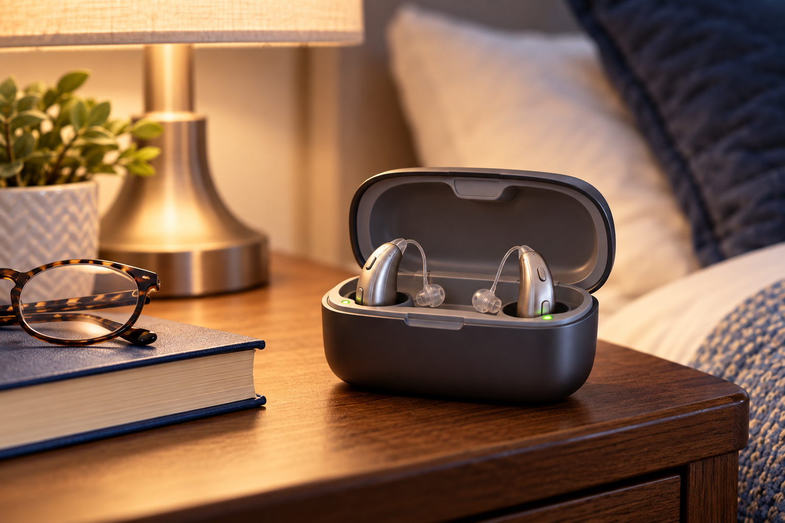 Hearing aids in a charging case on a bedside table