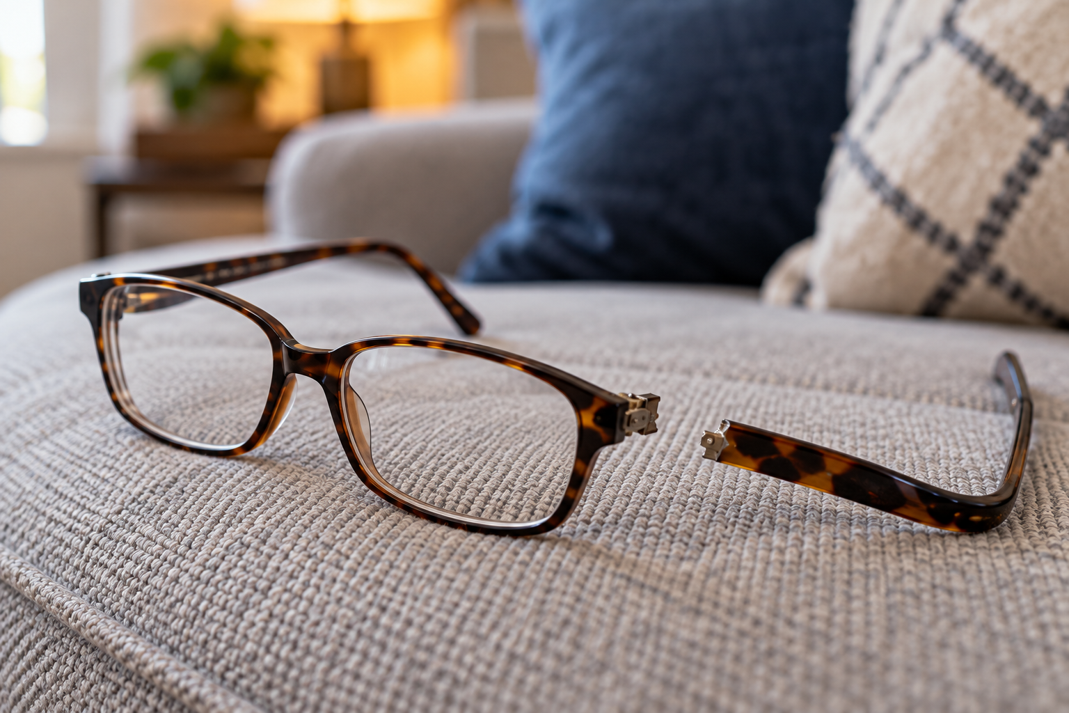 Broken eyeglasses on a couch cushion