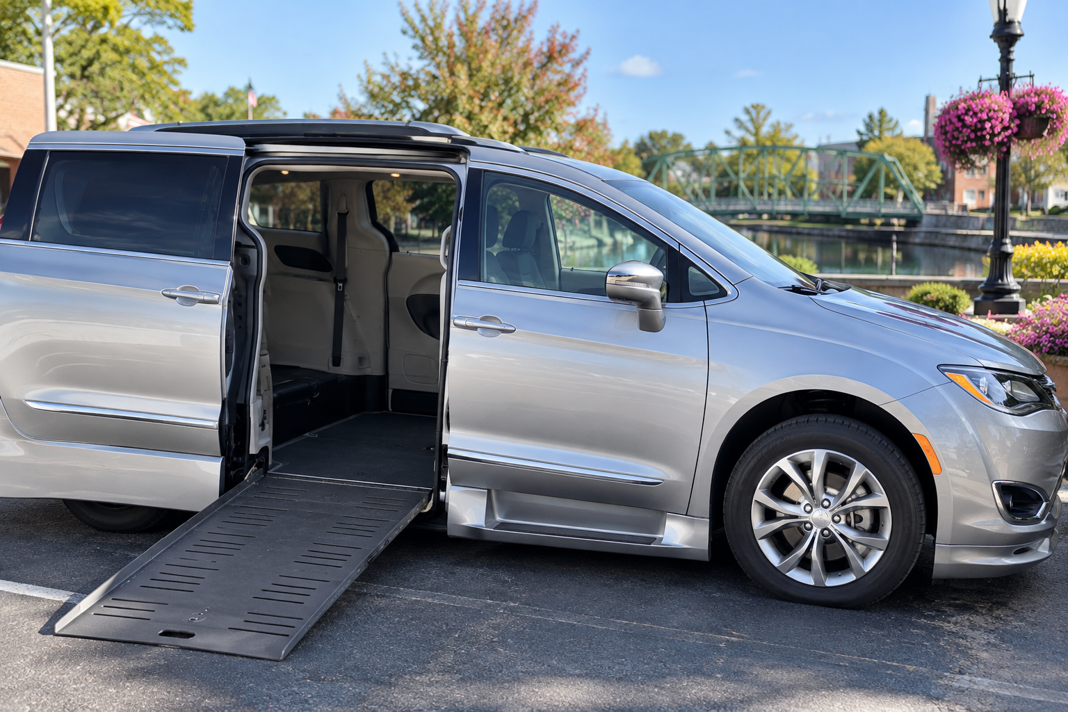Wheelchair accessible minivan with side-entry ramp lowered