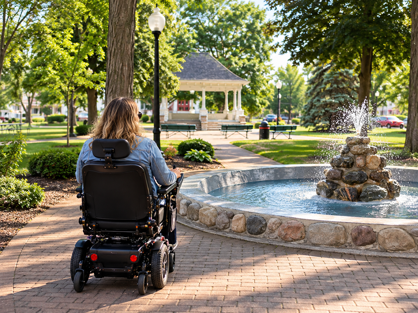 Woman using a power wheelchair on a sunny park path