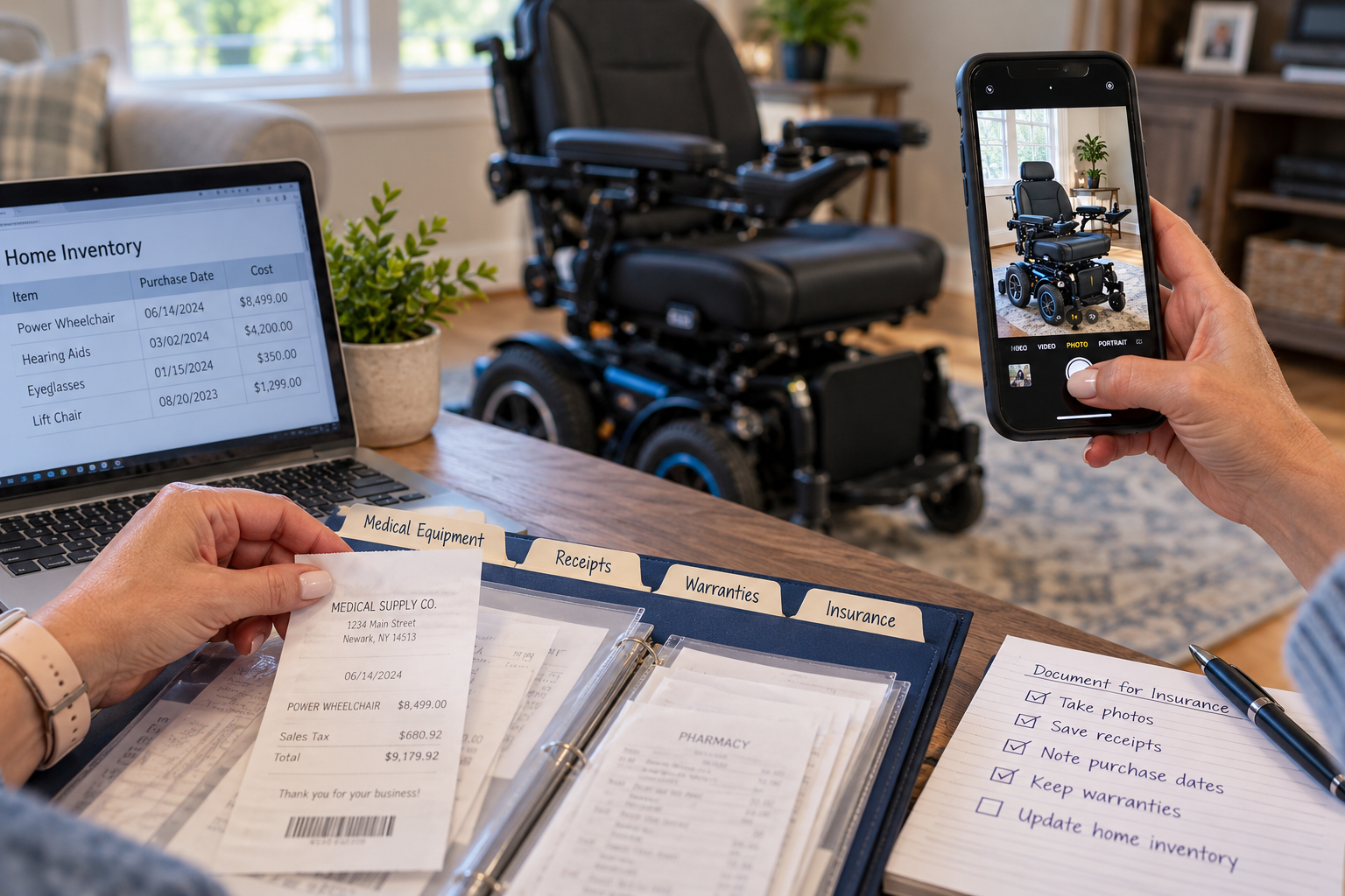 Person organizing receipts and photographing equipment for insurance records