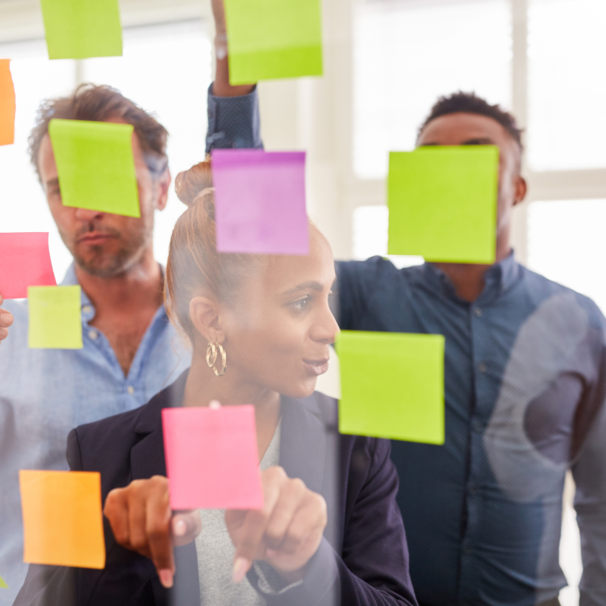 Team brainstorming with notes on a board.