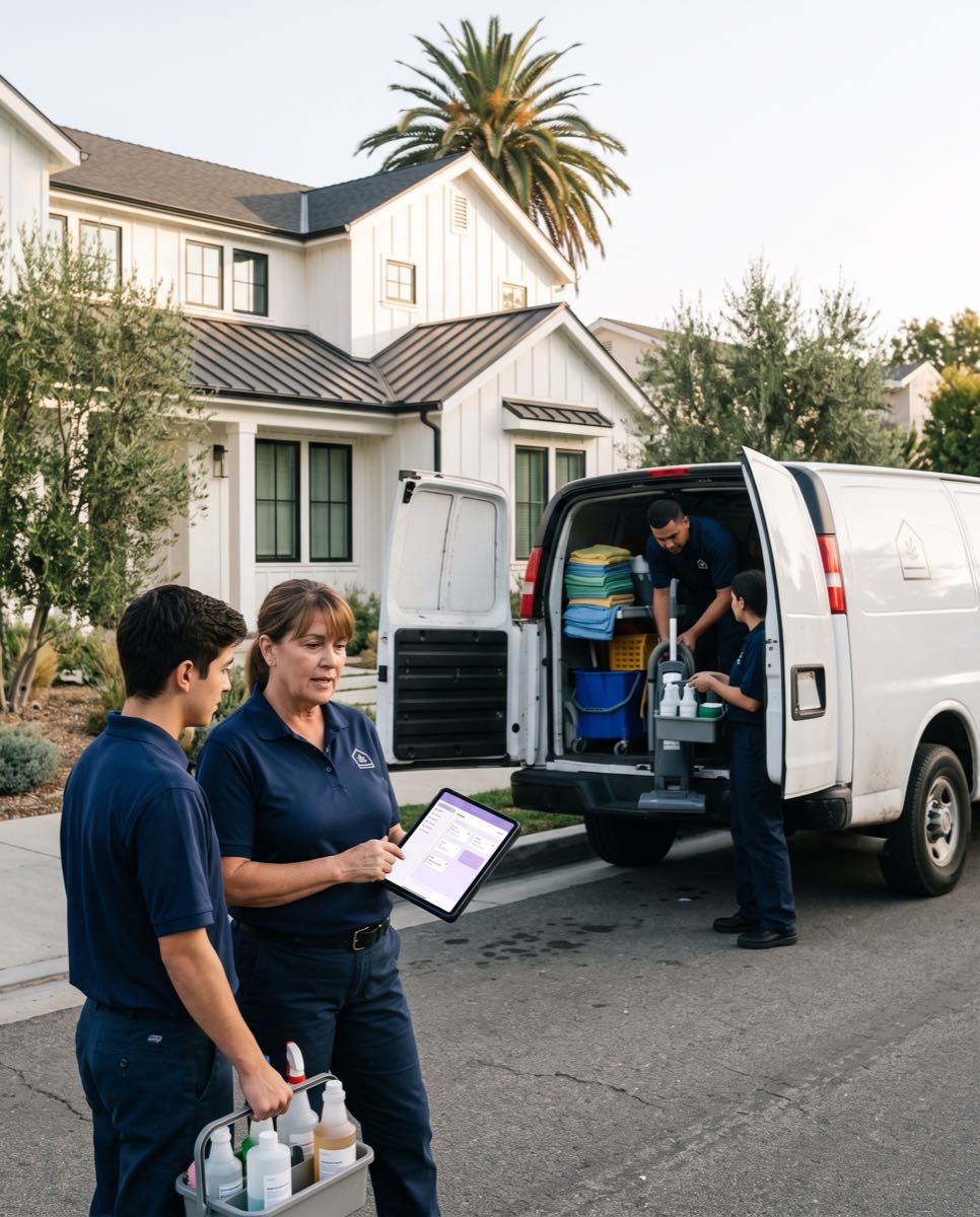 Uniformed cleaning team arriving at a home: cleaners unloading supplies from the company van while the team lead reviews the job on a tablet