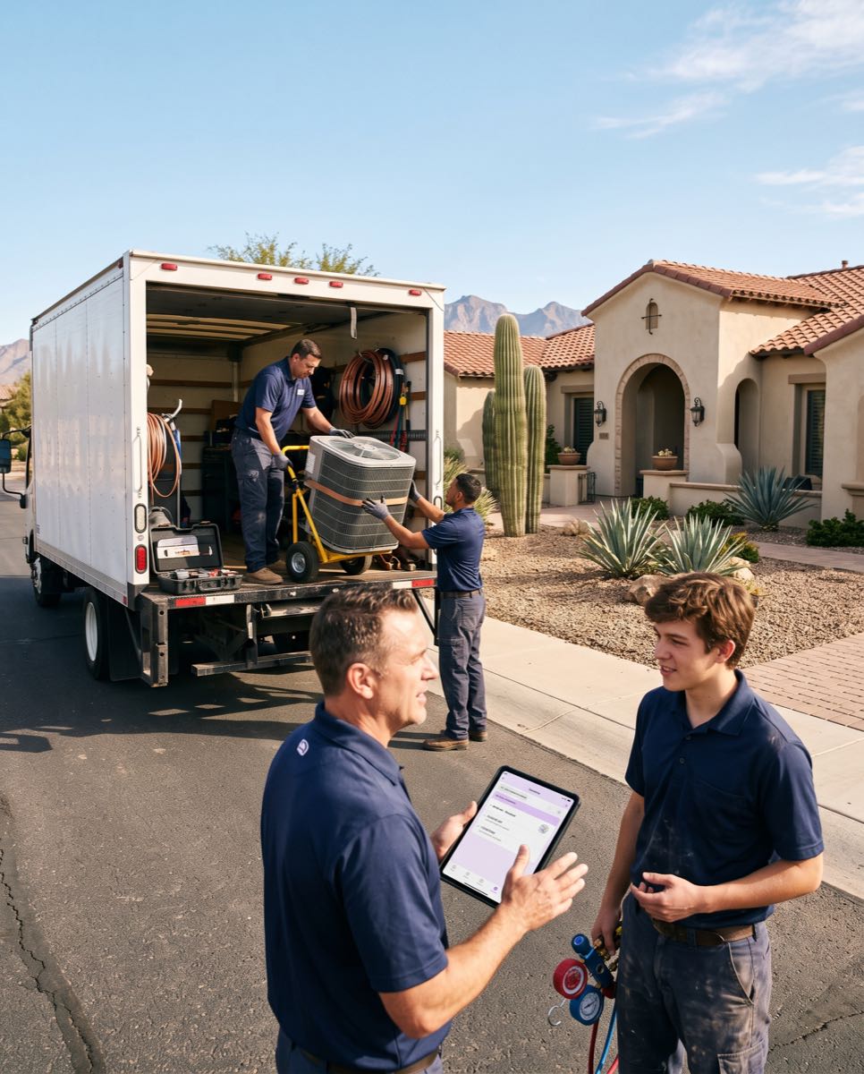 Uniformed HVAC crew arriving at a home: technicians unloading a condenser unit from the box truck while the lead tech reviews the job on a tablet