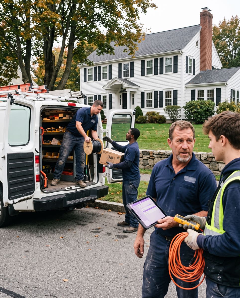 Uniformed electrical crew arriving at a home: electricians unloading gear from the company van while the lead reviews the job on a tablet