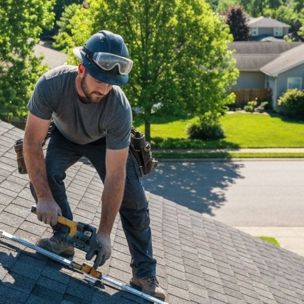 Focused roofer working intensely on a residential roof