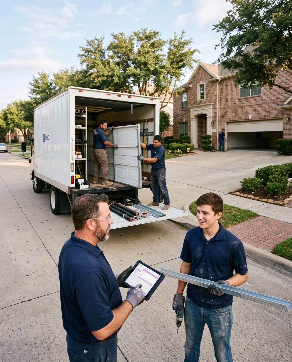 Uniformed garage door crew arriving at a home: techs unloading a door section from the company truck while the lead reviews the job on a tablet