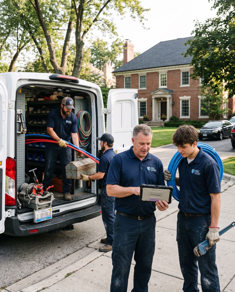 Uniformed plumbing crew arriving at a home: plumbers unloading gear from the company van while the lead reviews the job on a tablet