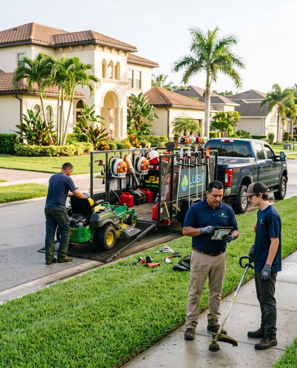 Uniformed landscape crew arriving at a property: workers unloading equipment from the company truck while the foreman reviews the job on a tablet