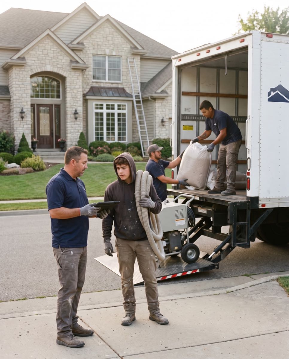 Uniformed insulation crew arriving at an upscale home: workers unloading the blowing machine and material bags from the company truck while the foreman reviews the job on a tablet