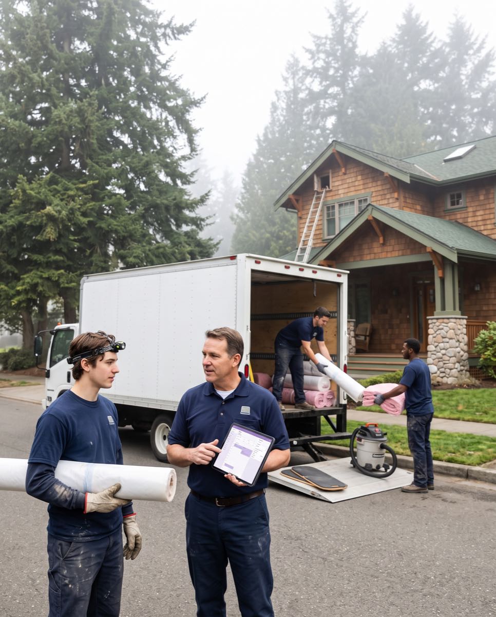 Uniformed attic and crawl space crew arriving at a home: techs unloading equipment from the company truck while the inspector reviews the job on a tablet