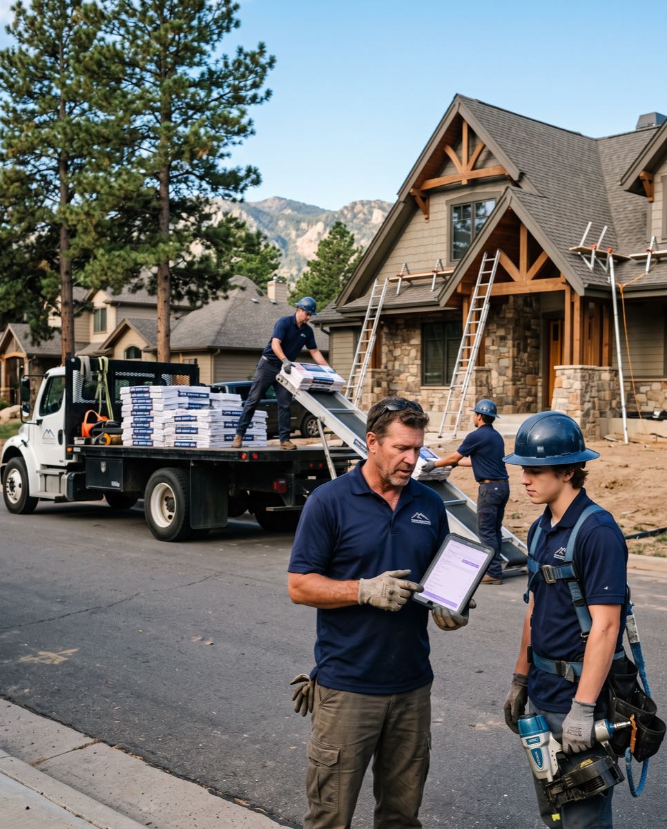 Uniformed roofing crew arriving at a home: workers unloading shingle bundles from the flatbed truck while the foreman reviews the job on a tablet