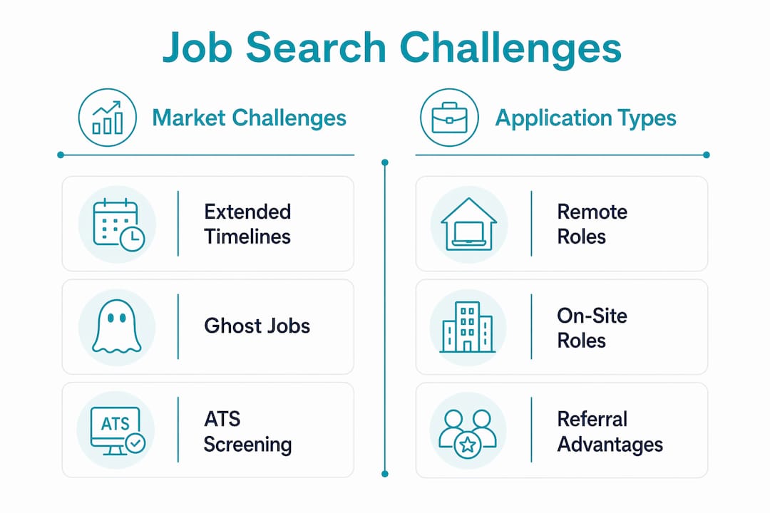 Infographic comparing job search challenges and application types