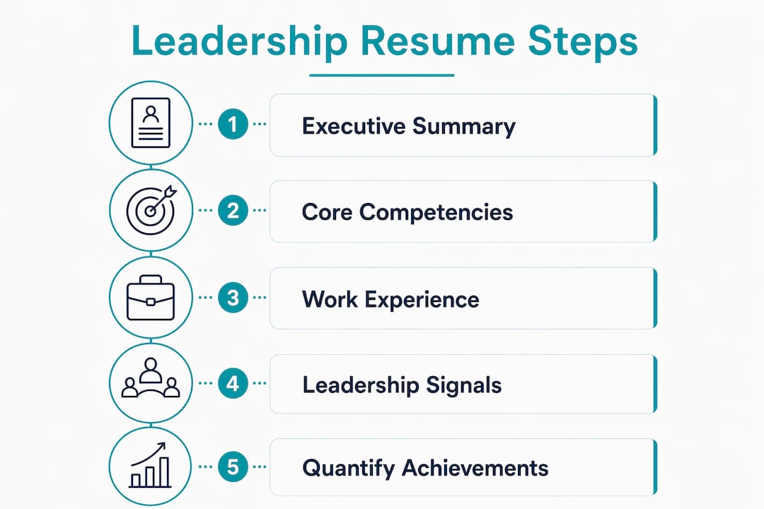 Infographic illustrating steps to write leadership resume