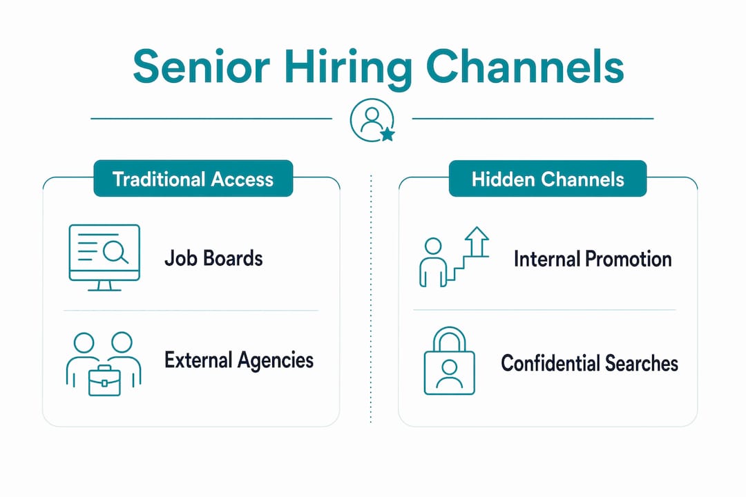 Infographic depicting senior hiring channels and accessibility