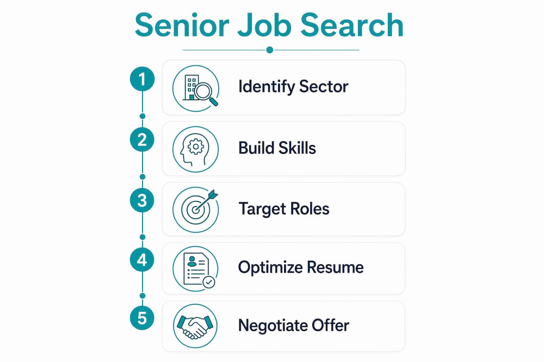 Infographic outlining five steps to senior job search success
