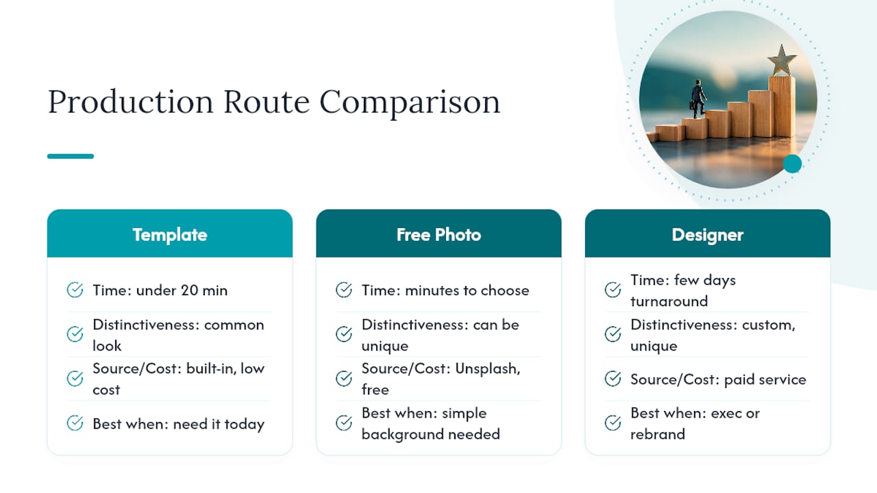 Templates, Free Photos, or a Designer: Choosing Your Production Route: overview diagram