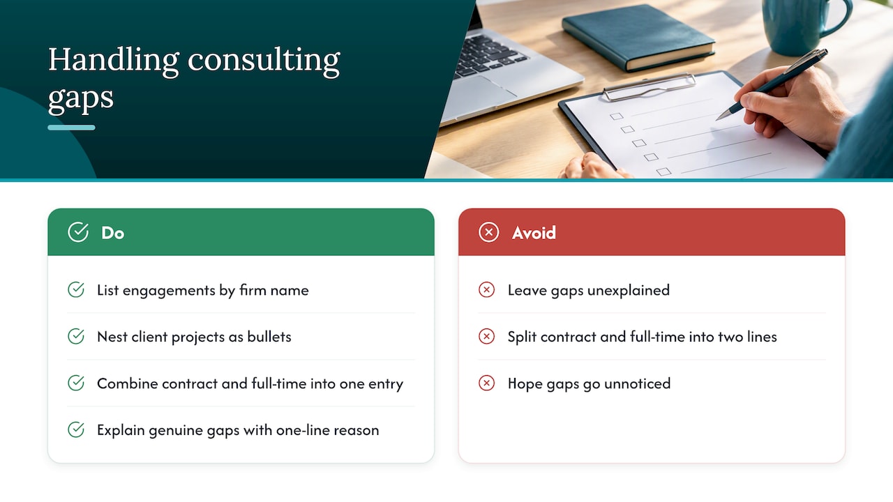 Strategies to address and explain employment gaps or contract-to-full-time transitions in consulting experience: overview diagram