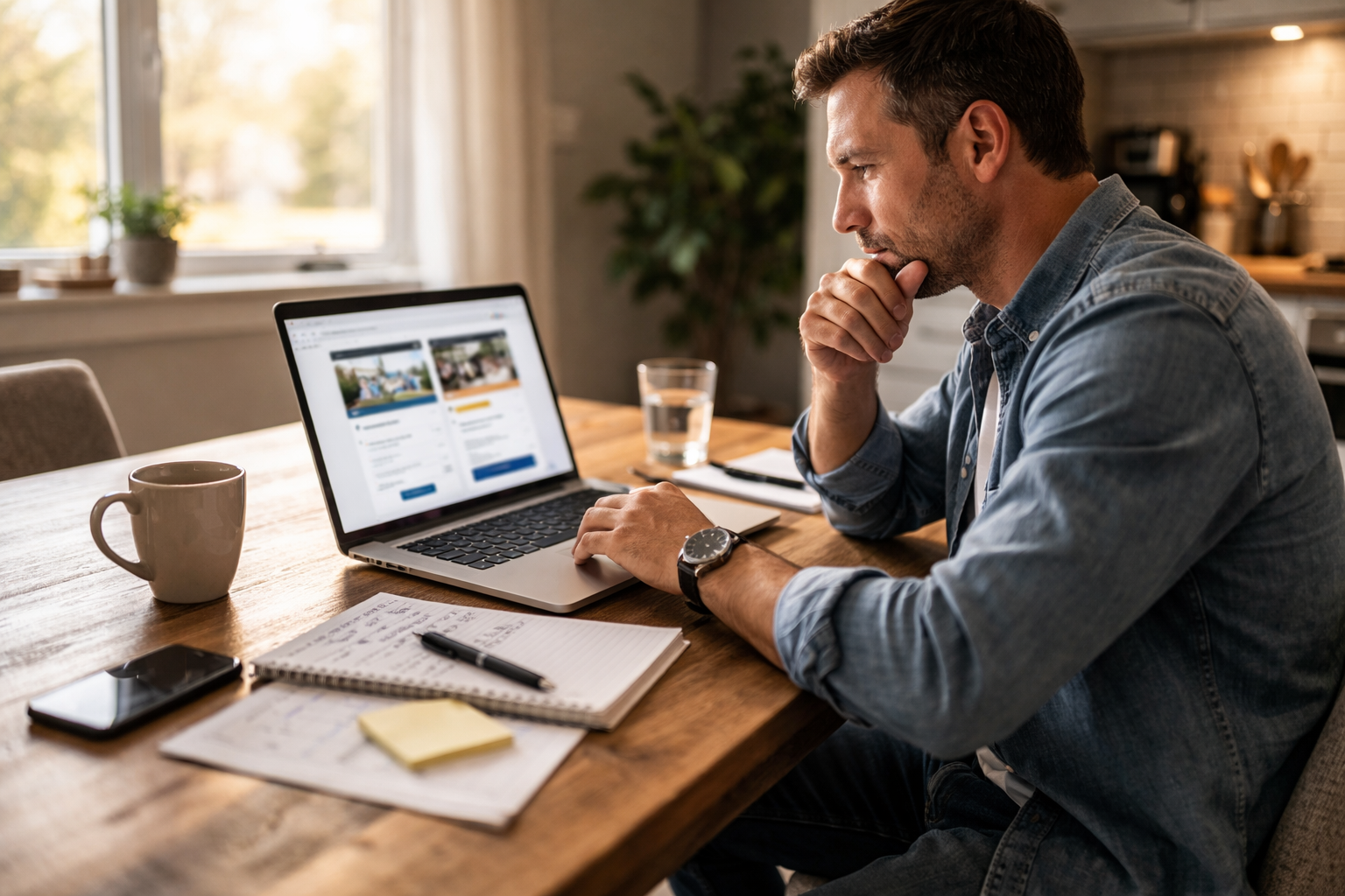 Homeowner sitting at a table comparing two home service companies on a laptop, looking thoughtful while evaluating options in a naturally lit home setting. Homeowner sitting at a table comparing two home service companies on a laptop, looking thoughtful while evaluating options in a naturally lit home setting.