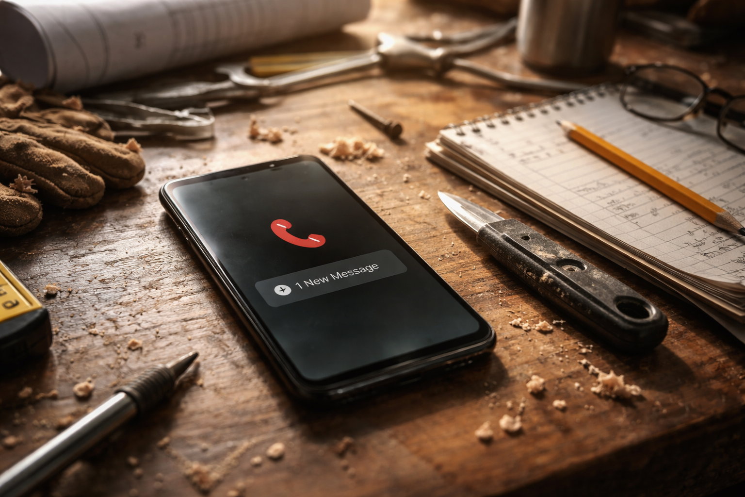Smartphone resting on a contractor’s desk with a missed call notification beside work tools and a notepad, symbolizing delayed customer response and the importance of fast communication in home service businesses. Smartphone resting on a contractor’s desk with a missed call notification beside work tools and a notepad, symbolizing delayed customer response and the importance of fast communication in home service businesses.
