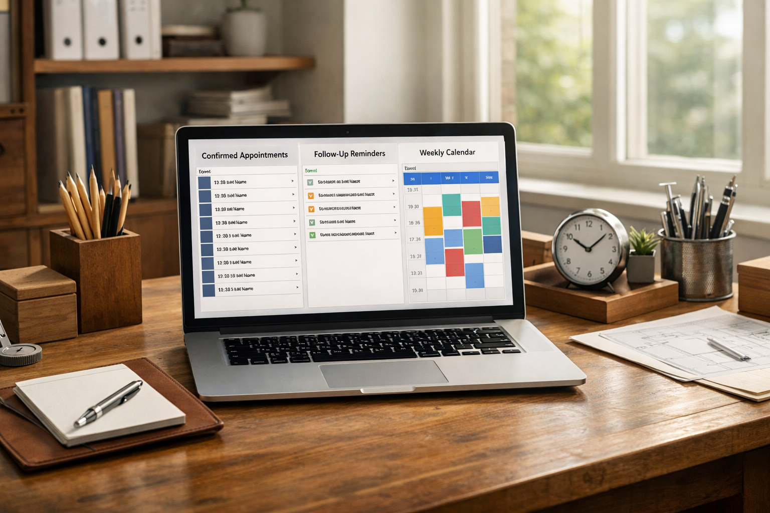 Clean organized workspace with a laptop displaying confirmed appointments, follow up reminders, and structured scheduling system in a bright professional office environment. Clean organized workspace with a laptop displaying confirmed appointments, follow up reminders, and structured scheduling system in a bright professional office environment.