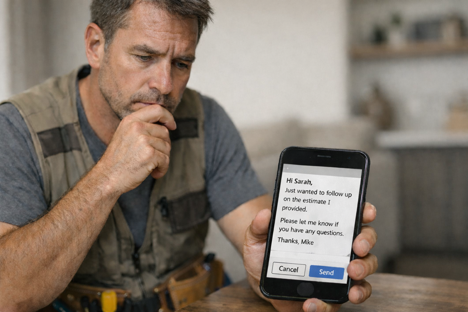 Home service business owner holding a smartphone with a drafted message, hesitating before sending follow up communication, natural lighting, realistic professional setting, representing thoughtful customer outreach.