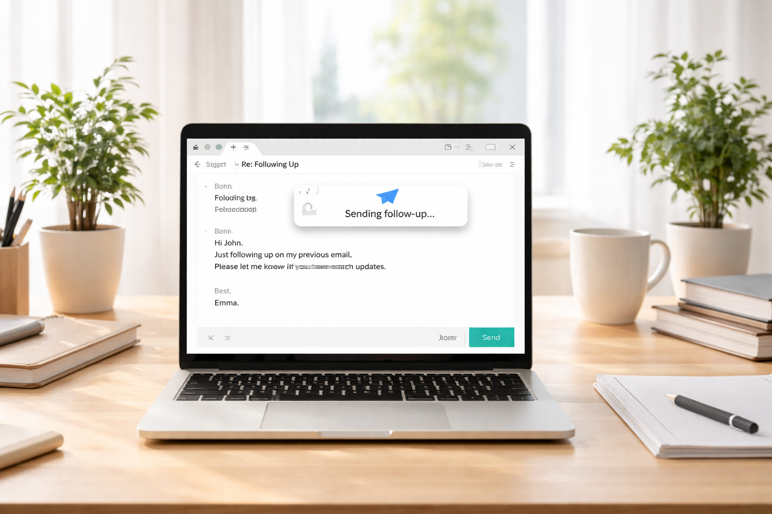 Clean organized workspace with a laptop displaying an automated follow up reminder being sent, bright natural lighting, calm professional environment representing system driven business processes.