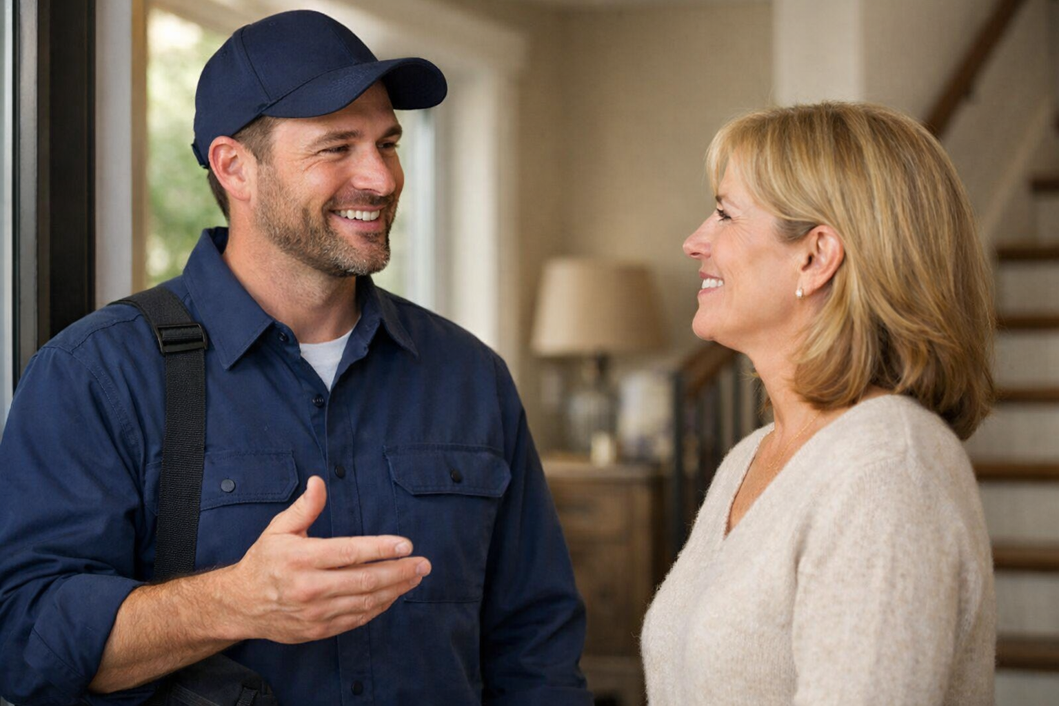 Home service professional in navy uniform speaking warmly with a homeowner at her front door, natural lighting and neutral tones, showcasing a friendly and professional in home consultation. Home service professional in navy uniform speaking warmly with a homeowner at her front door, natural lighting and neutral tones, showcasing a friendly and professional in home consultation.