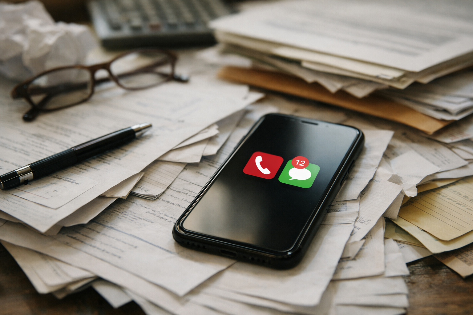 Cluttered desk with scattered paperwork and a smartphone displaying missed calls and unread messages, symbolizing communication breakdown and lack of business systems, photographed in soft natural light with a documentary style. Cluttered desk with scattered paperwork and a smartphone displaying missed calls and unread messages, symbolizing communication breakdown and lack of business systems, photographed in soft natural light with a documentary style.