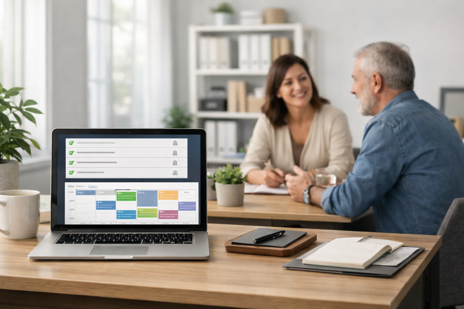 Bright, organized office workspace with natural light, featuring a laptop displaying automated appointment confirmations and scheduled reminders, while a team member engages in a focused face to face customer conversation in a calm, professional setting. Bright, organized office workspace with natural light, featuring a laptop displaying automated appointment confirmations and scheduled reminders, while a team member engages in a focused face to face customer conversation in a calm, professional setting.