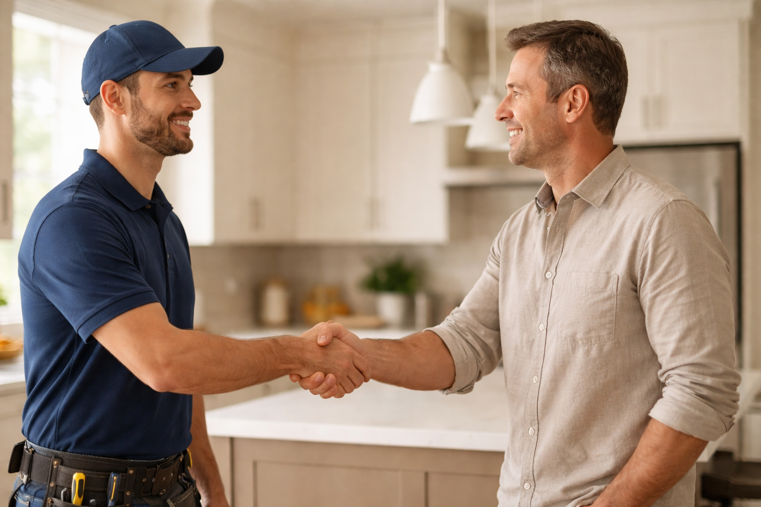 Home service professional in navy uniform shaking hands with a satisfied homeowner inside a bright modern kitchen, symbolizing trust, quality workmanship, and successful job completion.