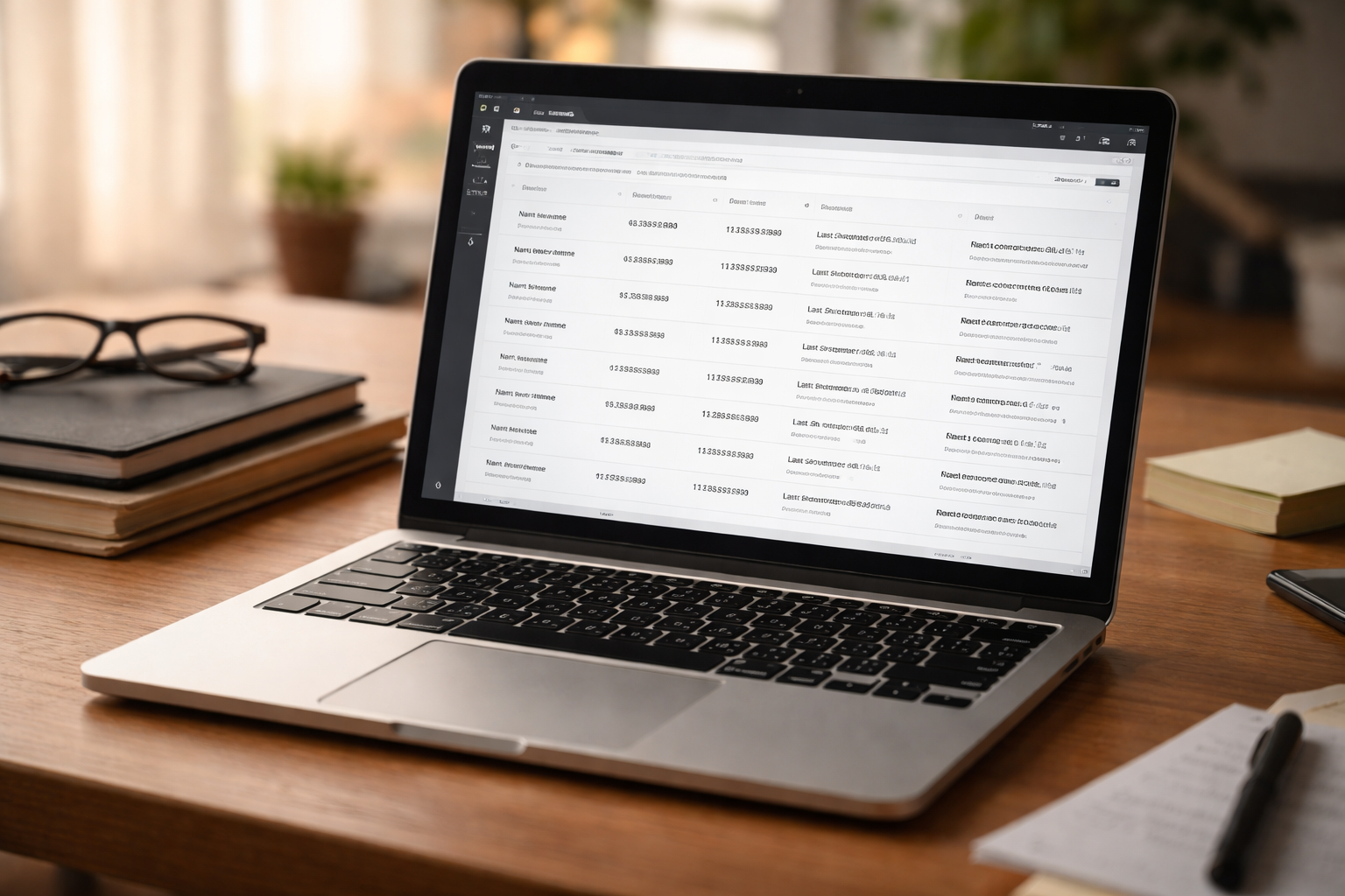 Open laptop displaying a CRM dashboard with past customer records on a wooden desk, surrounded by a notebook and glasses in soft natural light, symbolizing overlooked repeat business opportunities.