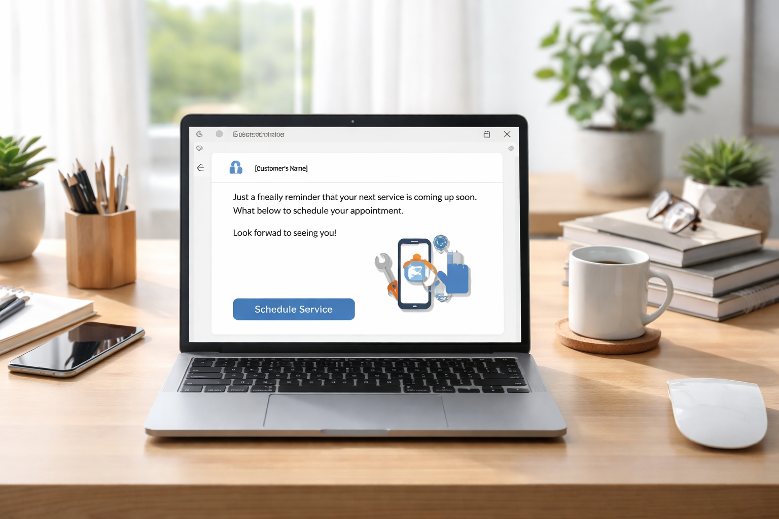 Clean, organized workspace with a laptop on a wooden desk displaying a scheduled service reminder being sent to a past customer, symbolizing automated follow up and repeat business system.