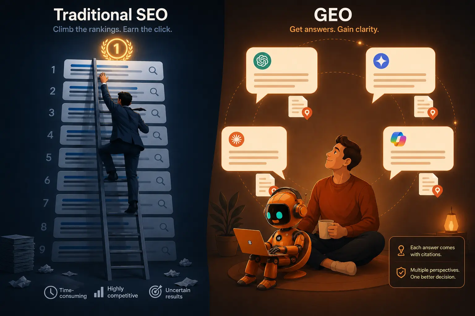 Traditional SEO to GEO infographic comparing two search approaches. Traditional SEO, on the left, is "Climb the rankings. Earn the click." A man climbs a ladder up a numbered search list to get to the number one ranking with a trophy icon. The list features a title, description, and search magnifying glass. The process is described as "Time-consuming, Highly competitive, Uncertain results." GEO, on the right, is "Get answers. Gain clarity." An orange robot with a laptop, a man sitting on the ground with a mug, and a plant are shown. Multiple speech bubble-style AI interface elements appear in a circle around the man and robot. The speech bubbles feature icons from ChatGPT, Gemini, Anthropic, and Microsoft Copilot. They each have a headline and text. The interface features result snippets with citations and location pins. Text in the bottom right says, "Each answer comes with citations. Multiple perspectives. One better decision." Traditional SEO to GEO infographic comparing two search approaches. Traditional SEO, on the left, is "Climb the rankings. Earn the click." A man climbs a ladder up a numbered search list to get to the number one ranking with a trophy icon. The list features a title, description, and search magnifying glass. The process is described as "Time-consuming, Highly competitive, Uncertain results." GEO, on the right, is "Get answers. Gain clarity." An orange robot with a laptop, a man sitting on the ground with a mug, and a plant are shown. Multiple speech bubble-style AI interface elements appear in a circle around the man and robot. The speech bubbles feature icons from ChatGPT, Gemini, Anthropic, and Microsoft Copilot. They each have a headline and text. The interface features result snippets with citations and location pins. Text in the bottom right says, "Each answer comes with citations. Multiple perspectives. One better decision."
