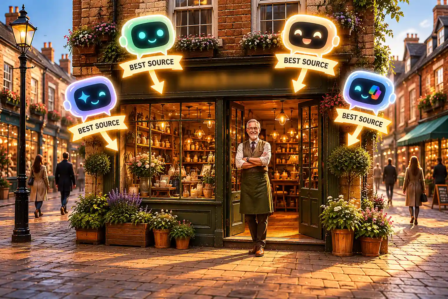 Illustration of an English market shop with an elderly shop owner standing happily at the doorway while glowing AI assistant icons hover above, each pointing to the store with “Best Source” labels, symbolizing LLMs' citations, recommendations, and local business visibility in generative search. Illustration of an English market shop with an elderly shop owner standing happily at the doorway while glowing AI assistant icons hover above, each pointing to the store with “Best Source” labels, symbolizing LLMs' citations, recommendations, and local business visibility in generative search.
