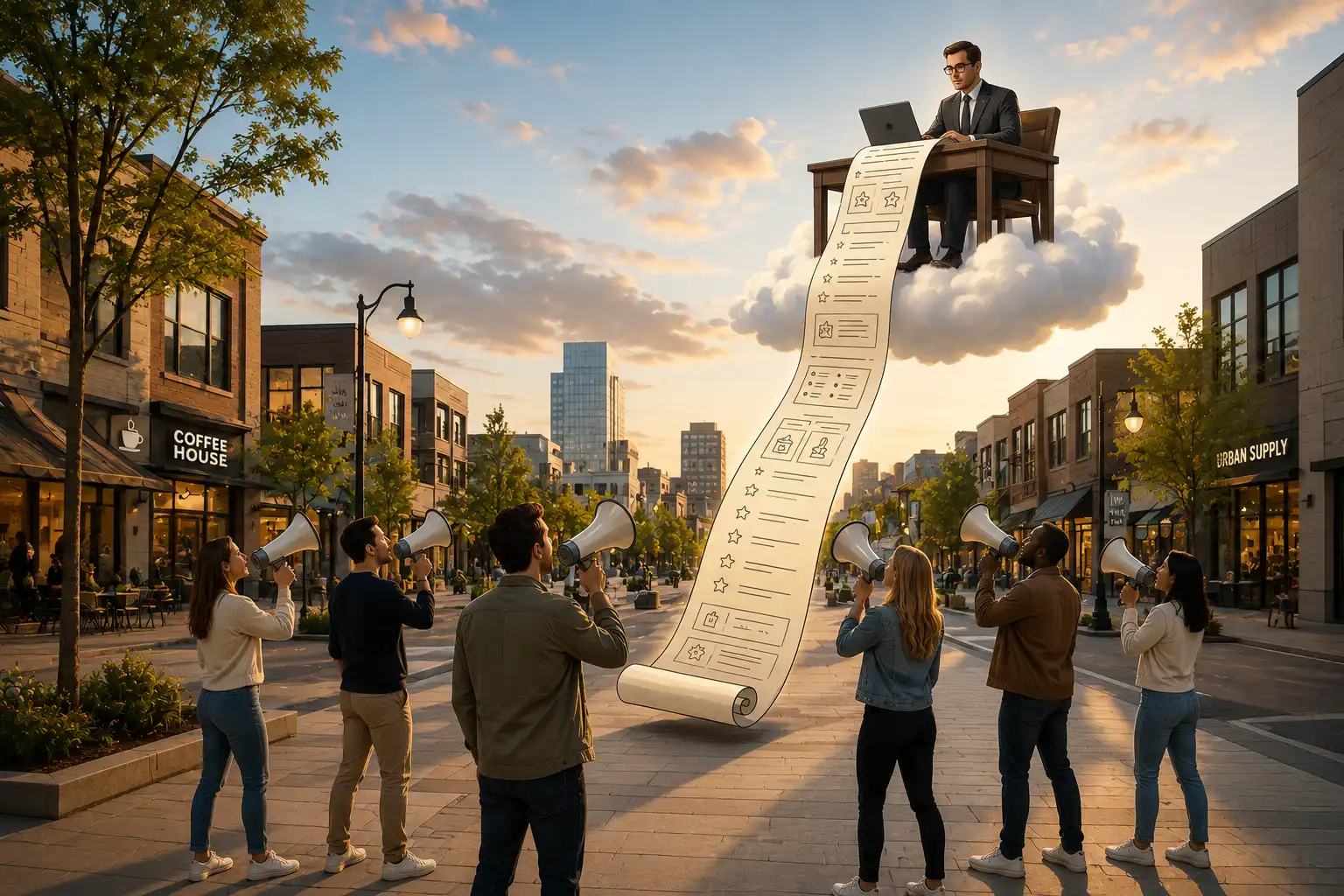 A man sitting on a chair in the clouds answering the question of people asking holding old fashioned speakers in their hands. A man sitting on a chair in the clouds answering the question of people asking holding old fashioned speakers in their hands.