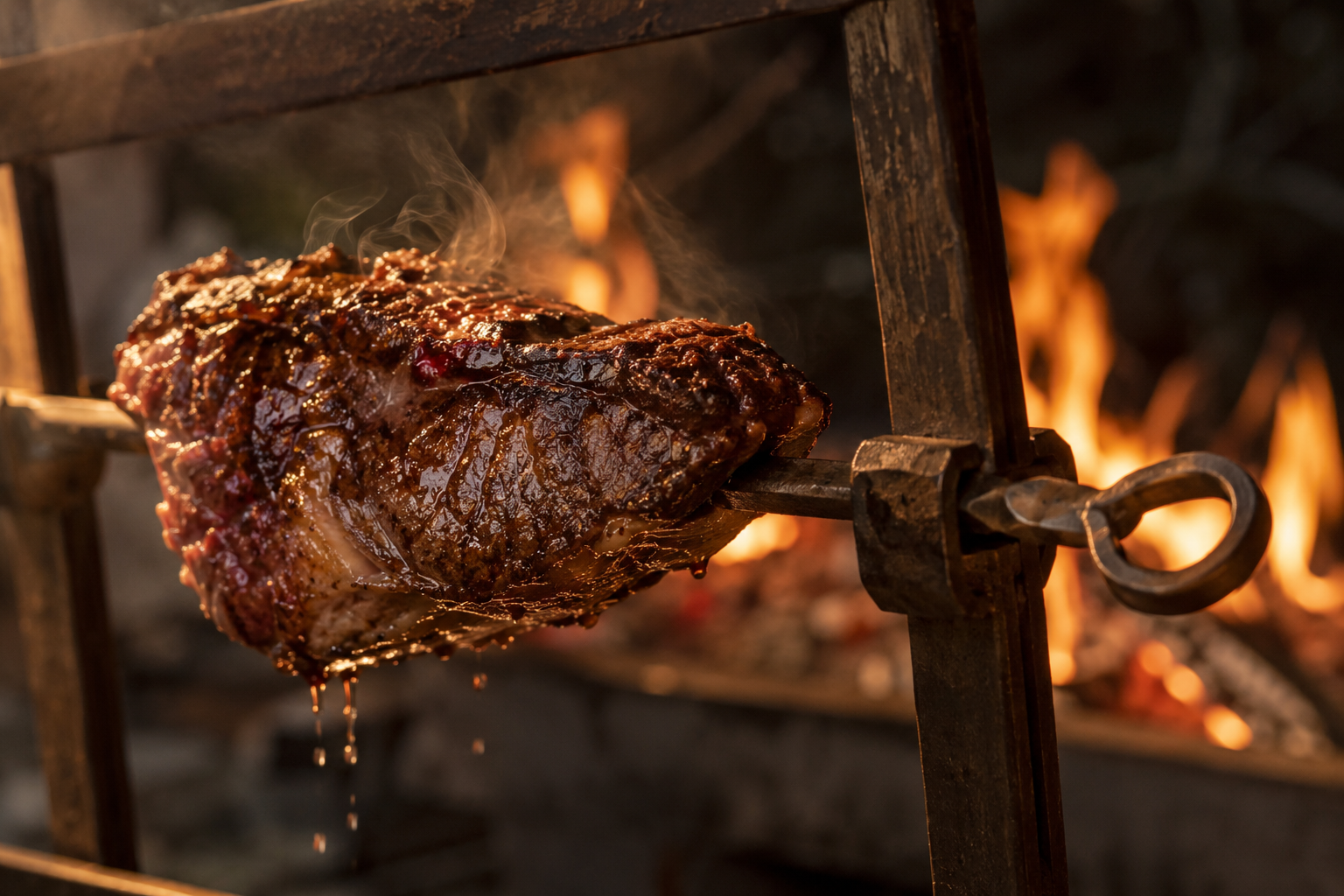 Detalle de un corte de carne asándose sobre el fuego